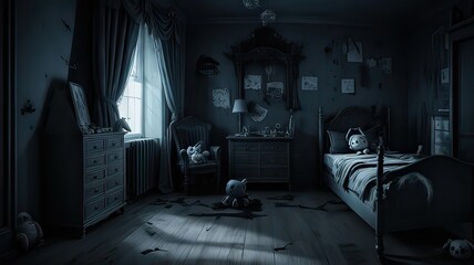 A scary children's room with paranormal phenomena, a room of fear and horror. - obrazy, fototapety, plakaty