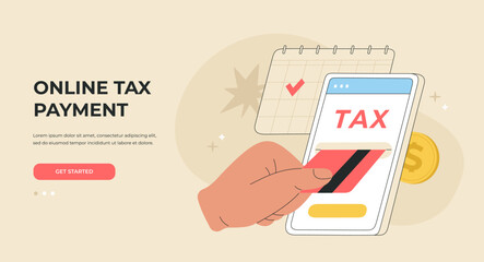 Online tax payment concept. Pay by credit card using phone. Calendar reminder for tax filing deadline. Landing page template. Vector illustration, isolated on light background, flat cartoon style