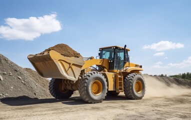 A large yellow wheel loader is loading a pile of gravel