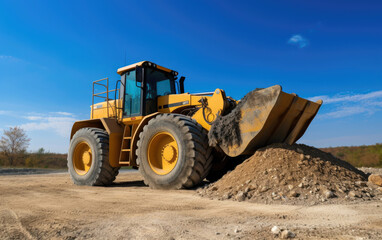 A large yellow wheel loader is loading a pile of gravel