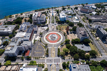 Aerial view of the Santo Domingo, Capital Of Dominican Republic, its beautiful streets and buildings, la Fuente Centro de los Heroes, the Pabellón de las Naciones