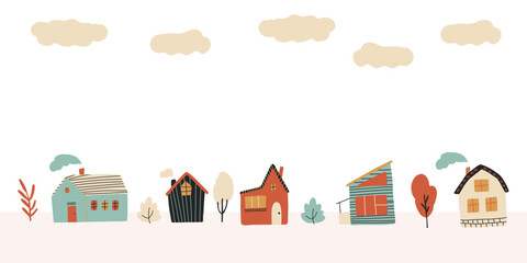 Horizontal vector banner with with cute houses and trees. Colorful cozy buildings with smoke from the chimney. Hand drawn village surrounded by autumn plants.