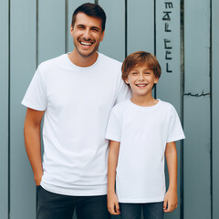 Lifestyle style photo of a dad next to 9 year old son, full - body photo, shot below eye level, man and 9 year old son is wearing an oversized blank white T-shirt crewneck