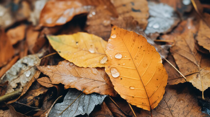 Rainy autumn day nature aesthetic background with closeup bright leaves. Beautiful fall season.
