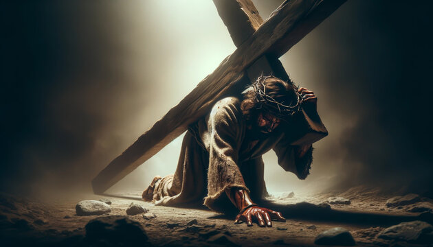 The Stations of the Cross: Jesus Christ's First Fall under the Weight of the Cross, A Moment of Suffering, Torment, and Crucifixion.