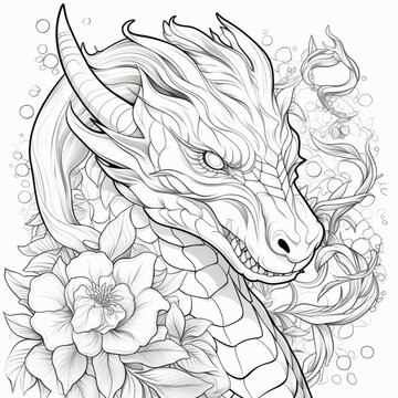 Dragon with floral patterns fantasy coloring page illustration picture AI generated art