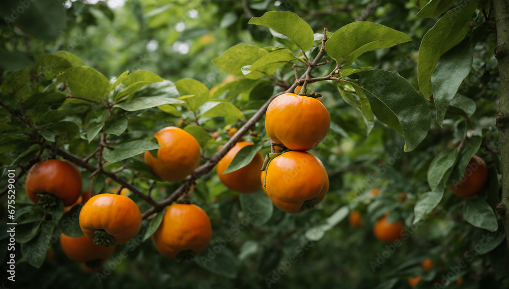 Poster an image of a persimmon tree with vivid orange fruit against a backdrop of green foliage - ai genera