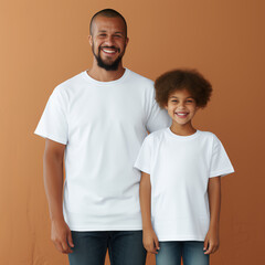 Lifestyle style photo of a dad next to 9 year old son, full - body photo, shot below eye level, man and 9 year old son is wearing an oversized blank white T-shirt crewneck