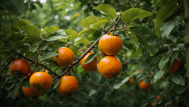 An image of a persimmon tree with vivid orange fruit against a backdrop of green foliage - AI Generative