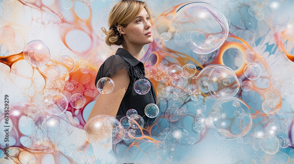 Poster  a woman standing in front of a painting with soap bubbles in front of her and her hair blowing in the wind.  generative ai