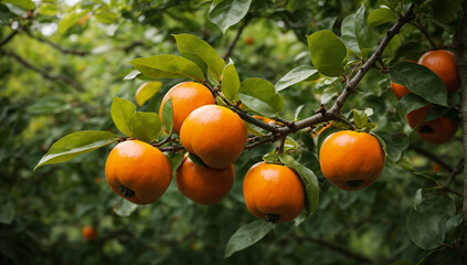 An image of a persimmon tree with vivid orange fruit against a backdrop of green foliage - AI Generative