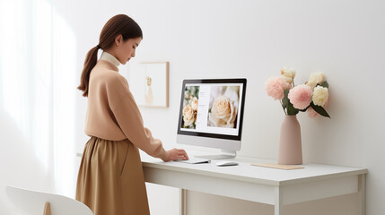 business stylist working with imac on desk - flowers