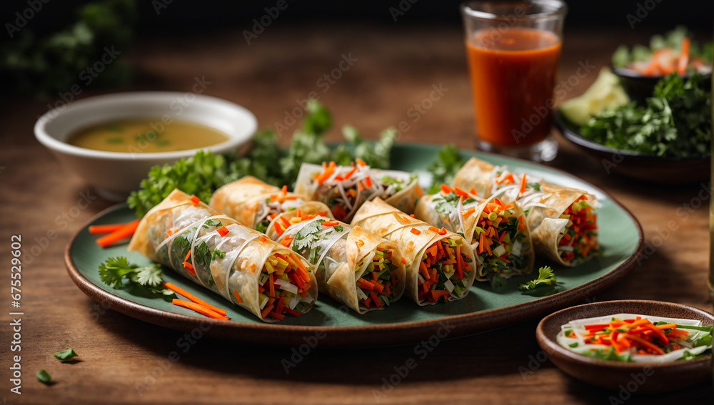 Poster an image of a plate of colorful and crunchy vegetable spring rolls with dipping sauce - ai generativ