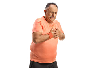 Mature man in sportswear having a heart attack - obrazy, fototapety, plakaty