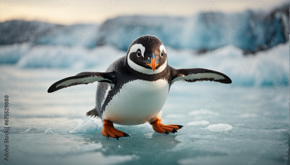 Poster an image of a playful and curious penguin sliding on ice - ai generative