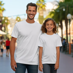 Lifestyle style photo of a dad next to 9 year old daughter, full - body photo, shot below eye level, man and 9 year old girl is wearing an oversized blank white T-shirt crewneck