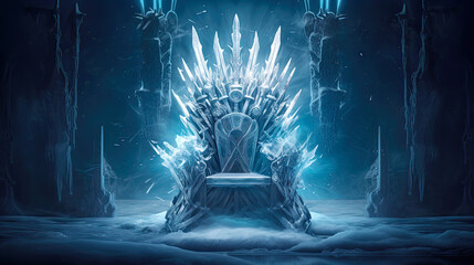 A cold empire throne made of ice and frosty swords. Postproducted generative AI illustration. - obrazy, fototapety, plakaty