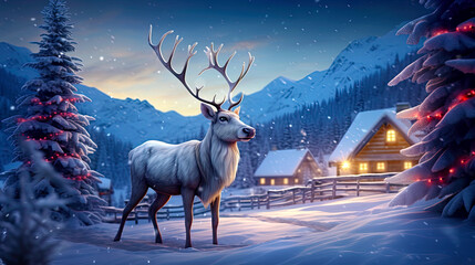 A majestic reindeer standing in a snowy landscape near small village. Postproducted generative AI illustration.