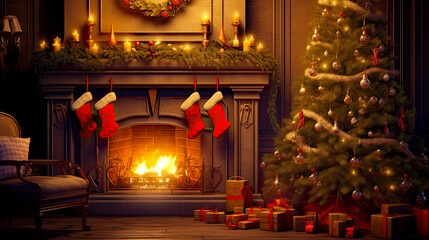 Festive Christmas living room with decorated tree on side and fireplace with hanged socks. Postproducted generative AI illustration.