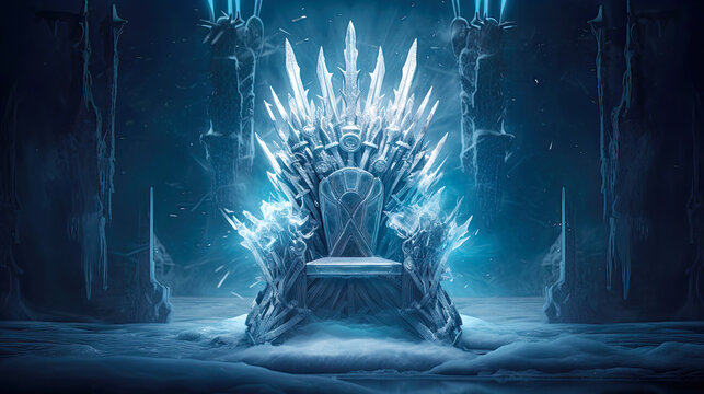 A cold empire throne made of ice and frosty swords. Postproducted generative AI illustration.
