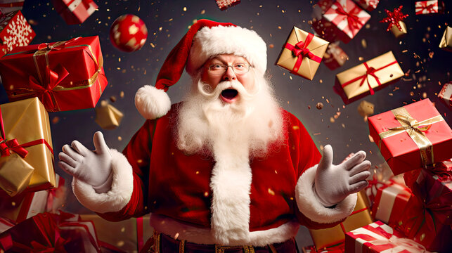Happy Santa Claus and Christmas gifts flying around him. Postproducted generative AI illustration.