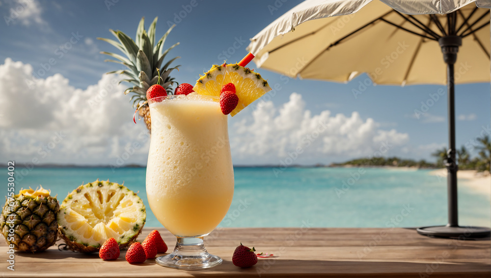 Poster an image of a refreshing and tropical piña colada cocktail garnished with a pineapple wedge and umbr