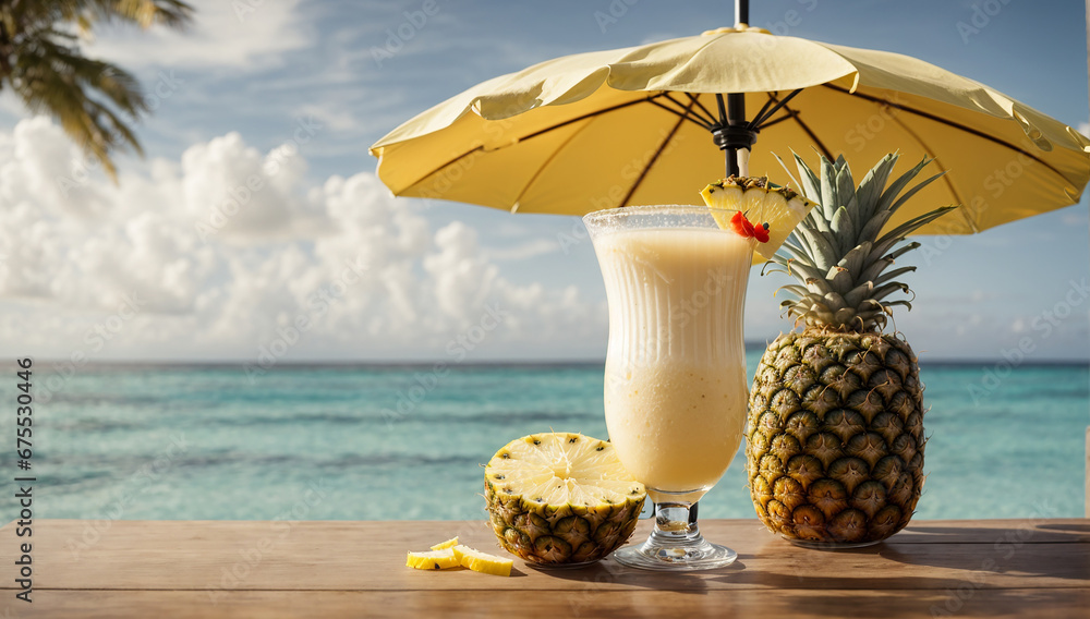 Poster an image of a refreshing and tropical piña colada cocktail garnished with a pineapple wedge and umbr