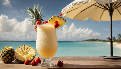 An image of a refreshing and tropical piña colada cocktail garnished with a pineapple wedge and umbrella - AI Generative - obrazy, fototapety, plakaty