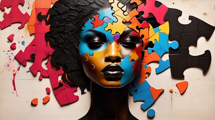 painting of black woman painted face and with puzzle pieces on her head