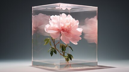  a pink flower in a glass vase with water on the bottom and a green stem in the middle of the vase.  generative ai