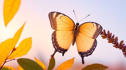 Obraz premium Macro of beautiful butterfly flying winter leaves in fall season at sunrise on light background. Banner