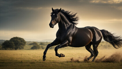 An image of a regal and majestic black stallion galloping across an open field - AI Generative