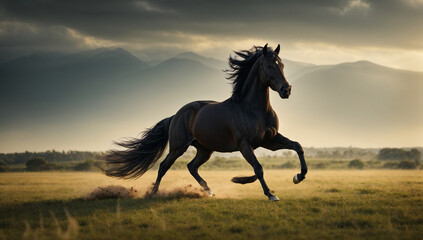 An image of a regal and majestic black stallion galloping across an open field - AI Generative