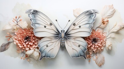  a large white butterfly sitting on top of a pink flower covered wall next to a white and pink flower covered wall.  generative ai