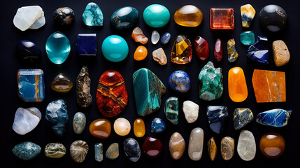 Natural precious and semi-precious stones of different colors, neatly laid out on a black background. - obrazy, fototapety, plakaty