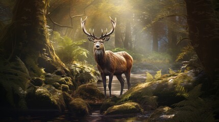 a deer standing in the middle of a forest with a stream running between it's two large antlers.  generative ai