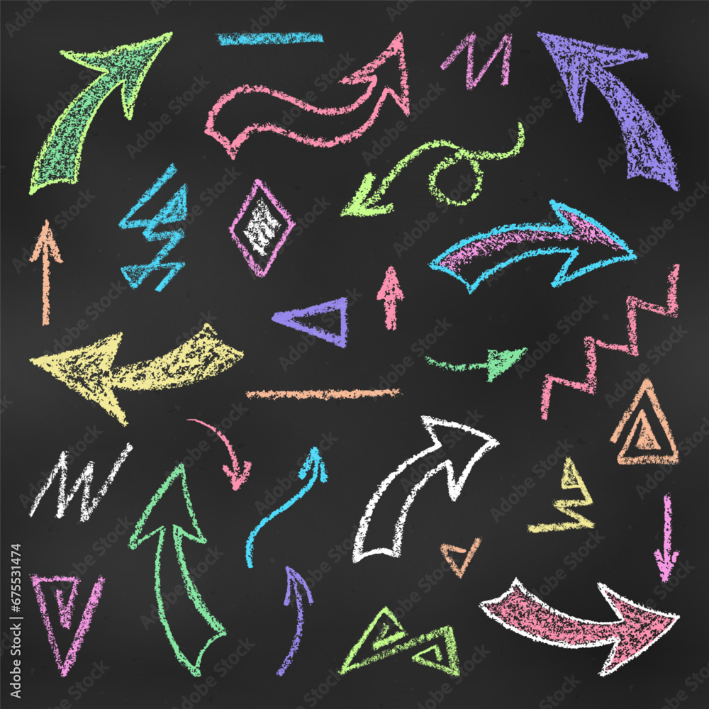 Wall mural set of design elements arrows and scribbles of different colors isolated on chalkboard backdrop. rea