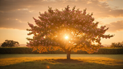 An image of a sprawling peach tree in a warm, golden sunset light -AI Generative - obrazy, fototapety, plakaty