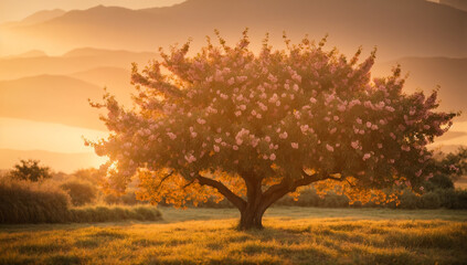 Naklejka na ściany i meble An image of a sprawling peach tree in a warm, golden sunset light -AI Generative