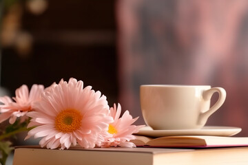 Fototapeta na wymiar Still life in pastel colors with a coffee cup, books and soft pink flowers on a blurred background