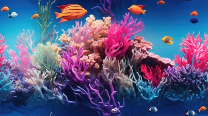 Fototapeta na wymiar a painting of an underwater scene with corals, fish, and other marine life on a blue ocean background. generative ai