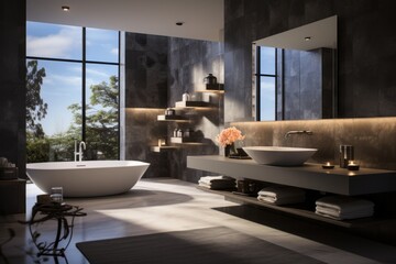 A modern bathroom featuring a freestanding bathtub and a sleek vanity under a large window with a nature view