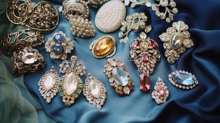 Old vintage jewelry, brooches with rhinestones and pearls. Vintage decoration. Vintage brooches. A set of brooches. Lots of brochures