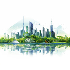 modern and futuristic green city skyline with a lake and white background - obrazy, fototapety, plakaty