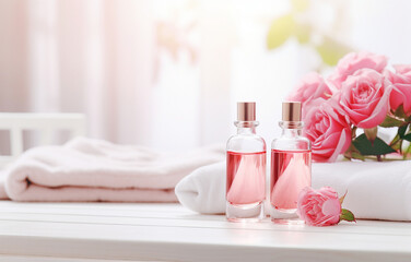 Fototapeta na wymiar Bottles of essential rose oil and flowers on wooden table