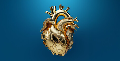 golden human heart anatomy illustration in a 3d style with blue background horizontal