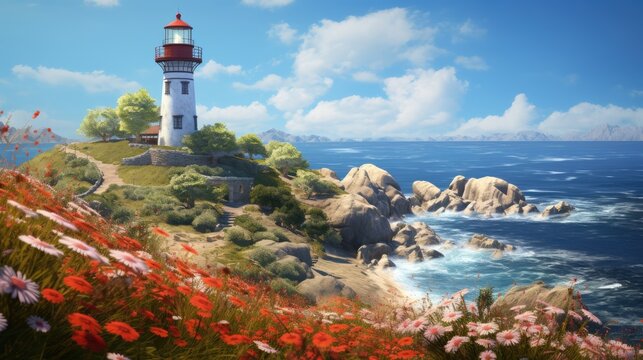  a painting of a lighthouse sitting on top of a cliff next to a body of water with wildflowers in the foreground.  generative ai