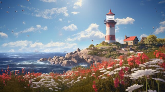  a painting of a lighthouse on top of a rocky outcropping with red and white flowers in the foreground.  generative ai