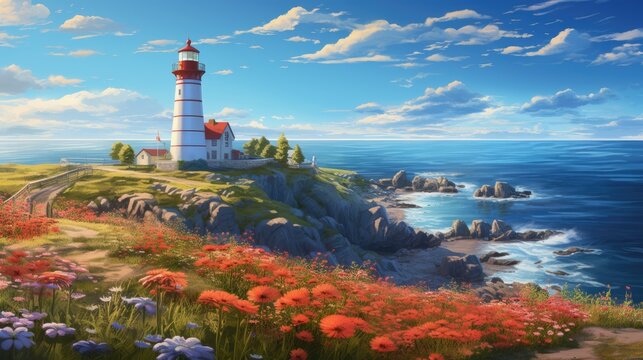  a painting of a lighthouse on top of a cliff by the ocean with wildflowers in the foreground.  generative ai