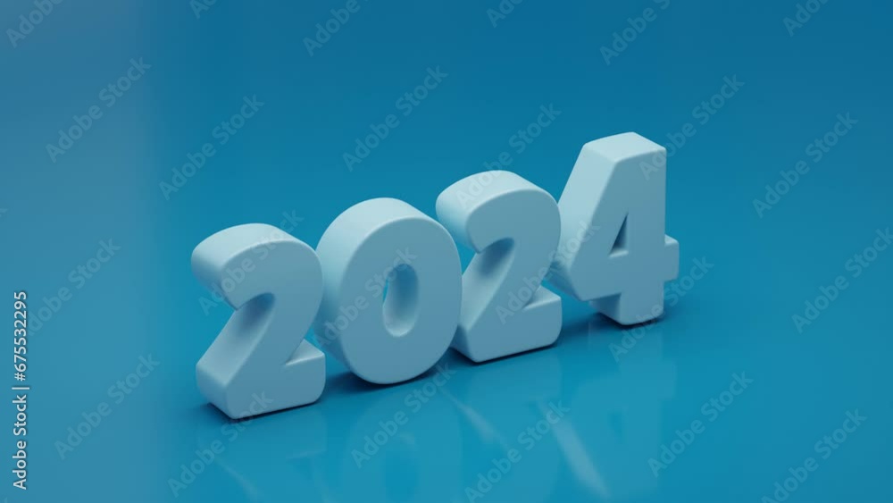 Poster new year 3d animation. new year's date 2024. a white number on a blue background. the numbers arrive